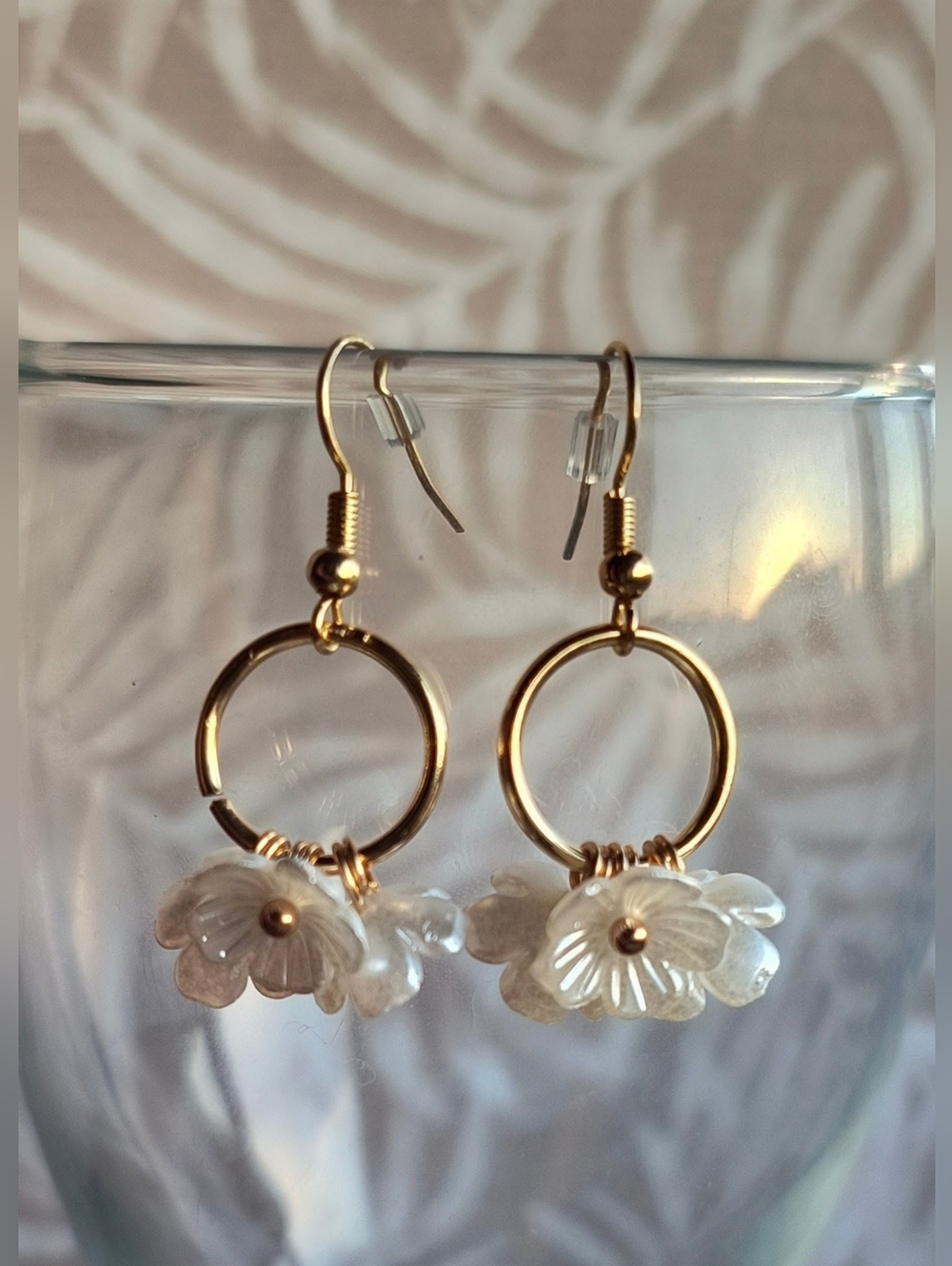 White Roses & Sherry | Botanical Resin Triple Flower Cluster Hook Earrings